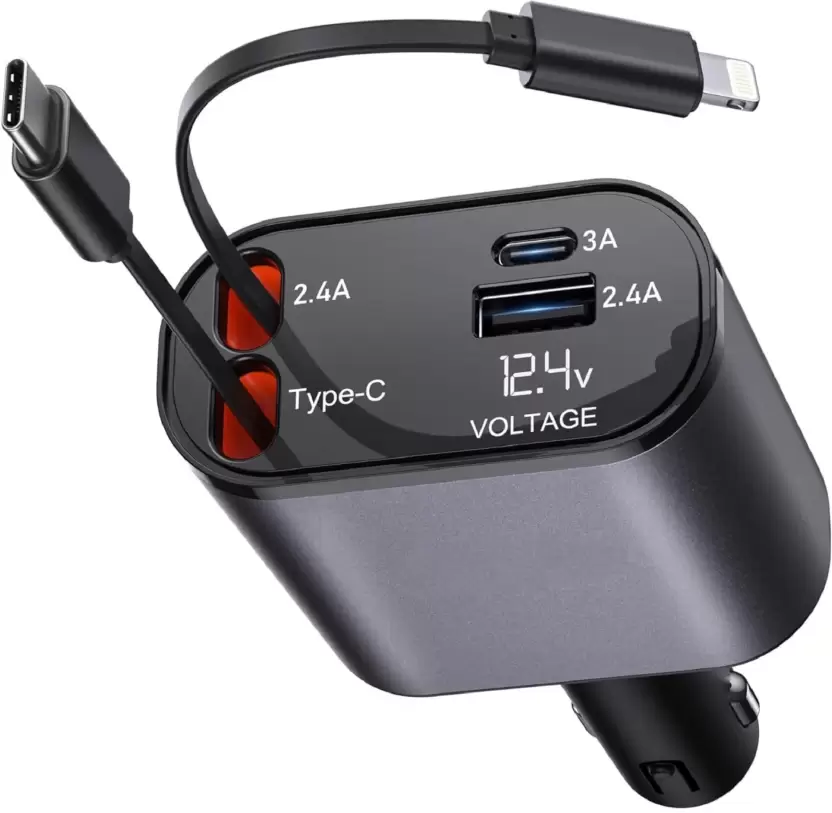 Terminal 120W 4-in-1 Retractable Fast Car Charger with Voltmeter
